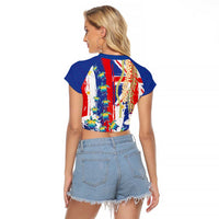 Hawaiian Sea Turtles and Plumeria Raglan Cropped T Shirt with Lei and Flag Grunge Style