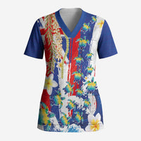 Hawaiian Sea Turtles and Plumeria Scrub Top with Lei and Flag Grunge Style LT03 Adult Multicolor - Polynesian Pride
