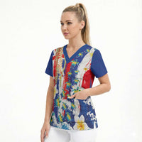 Hawaiian Sea Turtles and Plumeria Scrub Top with Lei and Flag Grunge Style LT03 - Polynesian Pride