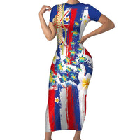 Hawaiian Sea Turtles and Plumeria Short Sleeve Bodycon Dress with Lei and Flag Grunge Style