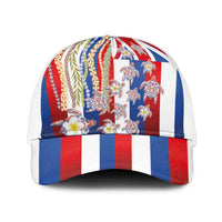 Hawaiian Polynesian Tribal Turtles Baseball Net Cap with Lei and Flag Style LT03 One Size White Multicolor - Polynesian Pride