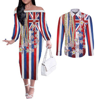 Hawaiian Polynesian Tribal Turtles Couples Matching Off The Shoulder Long Sleeve Dress and Long Sleeve Button Shirt with Lei and Flag Style
