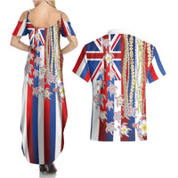 Hawaiian Polynesian Tribal Turtles Couples Matching Summer Maxi Dress and Hawaiian Shirt with Lei and Flag Style