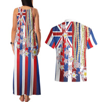 Hawaiian Polynesian Tribal Turtles Couples Matching Tank Maxi Dress and Hawaiian Shirt with Lei and Flag Style