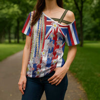 Hawaiian Polynesian Tribal Turtles Cross Shoulder Shirt with Lei and Flag Style LT03 - Polynesian Pride