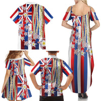 Hawaiian Polynesian Tribal Turtles Family Matching Summer Maxi Dress and Hawaiian Shirt with Lei and Flag Style