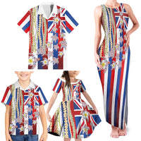 Hawaiian Polynesian Tribal Turtles Family Matching Tank Maxi Dress and Hawaiian Shirt with Lei and Flag Style