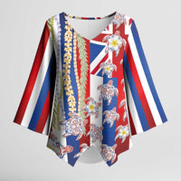 Hawaiian Polynesian Tribal Turtles Kimono Sleeve Blouse with Lei and Flag Style LT03 Female Multicolor - Polynesian Pride