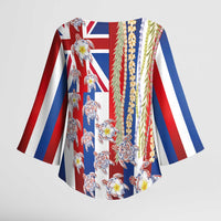 Hawaiian Polynesian Tribal Turtles Kimono Sleeve Blouse with Lei and Flag Style LT03 - Polynesian Pride