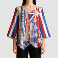 Hawaiian Polynesian Tribal Turtles Kimono Sleeve Blouse with Lei and Flag Style LT03 - Polynesian Pride