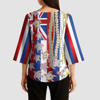 Hawaiian Polynesian Tribal Turtles Kimono Sleeve Blouse with Lei and Flag Style LT03 - Polynesian Pride