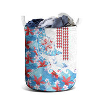 Hawaiian Tribal Manta Ray Laundry Basket Kakau Tattoo and Flowers Surfing Waves Pattern Ocean Color LT03 - Polynesian Pride
