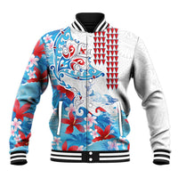 Hawaiian Tribal Manta Ray Baseball Jacket Kakau Tattoo and Flowers Surfing Waves Pattern Ocean Color LT03 Unisex Multicolor - Polynesian Pride