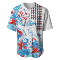 Hawaiian Tribal Manta Ray Baseball Jersey Kakau Tattoo and Flowers Surfing Waves Pattern Ocean Color