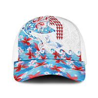 Hawaiian Tribal Manta Ray Baseball Net Cap Kakau Tattoo and Flowers Surfing Waves Pattern Ocean Color LT03 One Size White Multicolor - Polynesian Pride