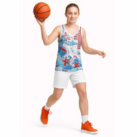 Hawaiian Tribal Manta Ray Basketball Jersey Kakau Tattoo and Flowers Surfing Waves Pattern Ocean Color LT03 - Polynesian Pride