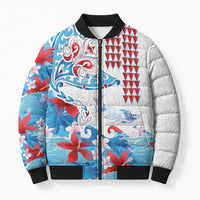 Hawaiian Tribal Manta Ray Bomber Puffer Jacket Kakau Tattoo and Flowers Surfing Waves Pattern Ocean Color LT03 Unisex Multicolor - Polynesian Pride