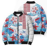 Hawaiian Tribal Manta Ray Bomber Puffer Jacket Kakau Tattoo and Flowers Surfing Waves Pattern Ocean Color LT03 - Polynesian Pride