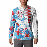 Hawaiian Tribal Manta Ray Button Sweatshirt Kakau Tattoo and Flowers Surfing Waves Pattern Ocean Color LT03 - Polynesian Pride