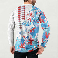 Hawaiian Tribal Manta Ray Button Sweatshirt Kakau Tattoo and Flowers Surfing Waves Pattern Ocean Color LT03 - Polynesian Pride