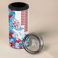 Hawaiian Tribal Manta Ray 4 in 1 Can Cooler Tumbler Kakau Tattoo and Flowers Surfing Waves Pattern Ocean Color