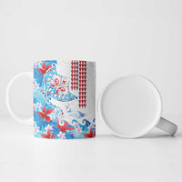 Hawaiian Tribal Manta Ray Ceramic Mug Kakau Tattoo and Flowers Surfing Waves Pattern Ocean Color LT03 - Polynesian Pride