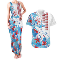 Hawaiian Tribal Manta Ray Couples Matching Tank Maxi Dress and Hawaiian Shirt Kakau Tattoo and Flowers Surfing Waves Pattern Ocean Color