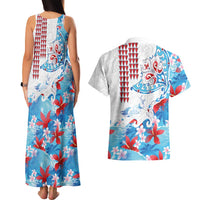 Hawaiian Tribal Manta Ray Couples Matching Tank Maxi Dress and Hawaiian Shirt Kakau Tattoo and Flowers Surfing Waves Pattern Ocean Color