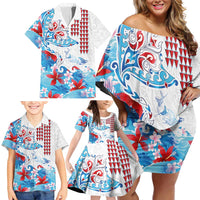 Hawaiian Tribal Manta Ray Family Matching Off Shoulder Short Dress and Hawaiian Shirt Kakau Tattoo and Flowers Surfing Waves Pattern Ocean Color