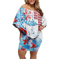 Hawaiian Tribal Manta Ray Family Matching Off Shoulder Short Dress and Hawaiian Shirt Kakau Tattoo and Flowers Surfing Waves Pattern Ocean Color