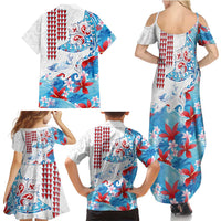 Hawaiian Tribal Manta Ray Family Matching Summer Maxi Dress and Hawaiian Shirt Kakau Tattoo and Flowers Surfing Waves Pattern Ocean Color
