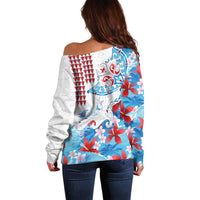 Hawaiian Tribal Manta Ray Off Shoulder Sweater Kakau Tattoo and Flowers Surfing Waves Pattern Ocean Color LT03 - Polynesian Pride