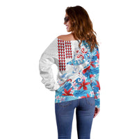 Hawaiian Tribal Manta Ray Off Shoulder Sweater Kakau Tattoo and Flowers Surfing Waves Pattern Ocean Color LT03 - Polynesian Pride