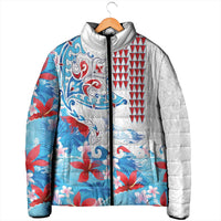 Hawaiian Tribal Manta Ray Padded Jacket Kakau Tattoo and Flowers Surfing Waves Pattern Ocean Color LT03 - Polynesian Pride