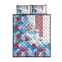 Hawaiian Tribal Manta Ray Quilt Bed Set Kakau Tattoo and Flowers Surfing Waves Pattern Ocean Color