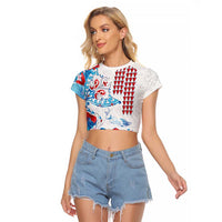 Hawaiian Tribal Manta Ray Raglan Cropped T Shirt Kakau Tattoo and Flowers Surfing Waves Pattern Ocean Color