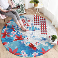 Hawaiian Tribal Manta Ray Round Carpet Kakau Tattoo and Flowers Surfing Waves Pattern Ocean Color