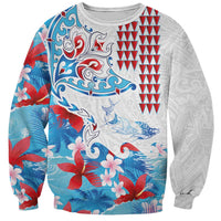 Hawaiian Tribal Manta Ray Sweatshirt Kakau Tattoo and Flowers Surfing Waves Pattern Ocean Color LT03 Unisex Multicolor - Polynesian Pride