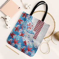 Hawaiian Tribal Manta Ray Tote Bag Kakau Tattoo and Flowers Surfing Waves Pattern Ocean Color LT03 Black Strap One Size Multicolor - Polynesian Pride