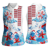 Hawaiian Tribal Manta Ray Women Sleeveless Polo Shirt Kakau Tattoo and Flowers Surfing Waves Pattern Ocean Color
