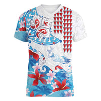 Hawaiian Tribal Manta Ray Women V-Neck T-Shirt Kakau Tattoo and Flowers Surfing Waves Pattern Ocean Color