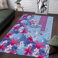 Hawaiian Tribal Manta Ray Area Rug Kakau Tattoo and Flowers Surfing Waves Pattern Soft Color