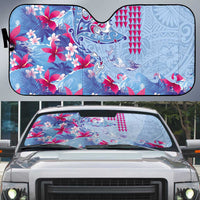 Hawaiian Tribal Manta Ray Auto Sun Shade Kakau Tattoo and Flowers Surfing Waves Pattern Soft Color