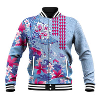 Hawaiian Tribal Manta Ray Baseball Jacket Kakau Tattoo and Flowers Surfing Waves Pattern Soft Color LT03 Unisex Multicolor - Polynesian Pride