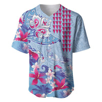 Hawaiian Tribal Manta Ray Baseball Jersey Kakau Tattoo and Flowers Surfing Waves Pattern Soft Color LT03 Multicolor - Polynesian Pride