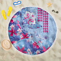 Hawaiian Tribal Manta Ray Beach Blanket Kakau Tattoo and Flowers Surfing Waves Pattern Soft Color LT03 One Size 150cm Multicolor - Polynesian Pride