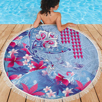 Hawaiian Tribal Manta Ray Beach Blanket Kakau Tattoo and Flowers Surfing Waves Pattern Soft Color LT03 - Polynesian Pride