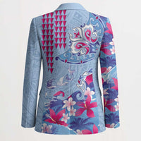Hawaiian Tribal Manta Ray Blazer Kakau Tattoo and Flowers Surfing Waves Pattern Soft Color LT03 - Polynesian Pride