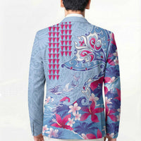 Hawaiian Tribal Manta Ray Blazer Kakau Tattoo and Flowers Surfing Waves Pattern Soft Color LT03 - Polynesian Pride