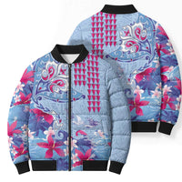 Hawaiian Tribal Manta Ray Bomber Puffer Jacket Kakau Tattoo and Flowers Surfing Waves Pattern Soft Color LT03 - Polynesian Pride